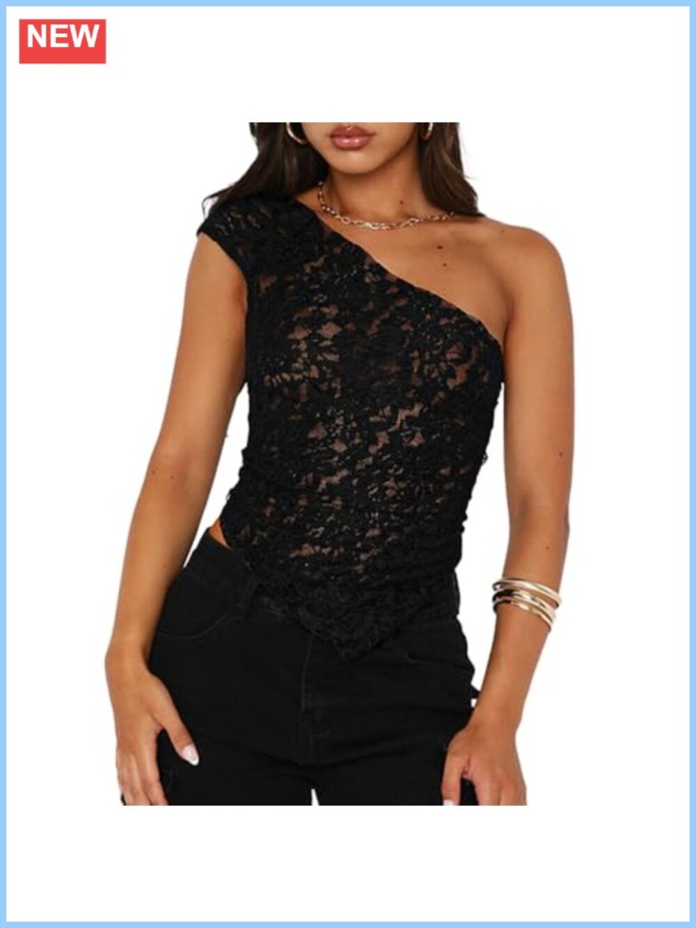 Women One Shoulder Lace Top Irregular Hem Backless Crop Sheer Going Out
